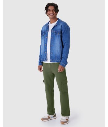 Calça Reta Masculina Bolso Cargo Em Moletom Flanelado