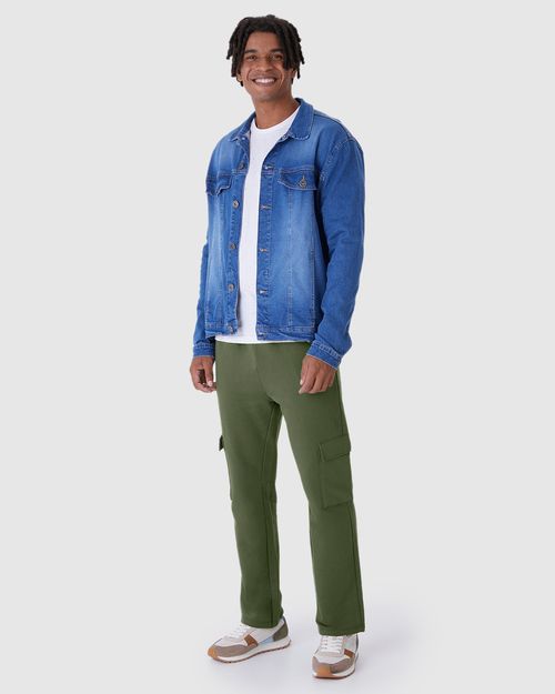 Calça Reta Masculina Bolso Cargo Em Moletom Flanelado