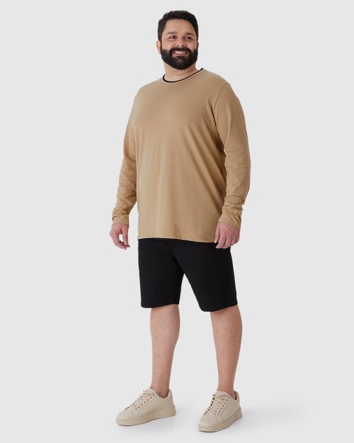 Camiseta Masculina Plus Size Gola Redonda Manga Longa Em Piquet Stretch