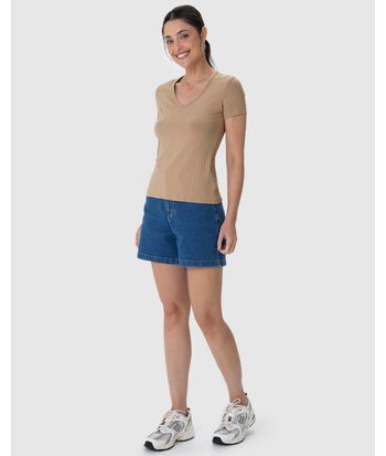 Blusa Básica Feminina Justa Decote V Em Malha Canelada De Viscose