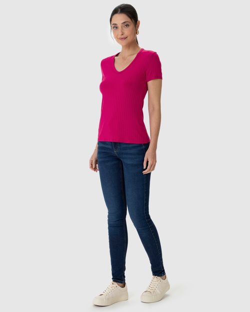 Blusa Básica Feminina Justa Decote V Em Malha Canelada De Viscose