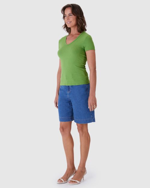 Blusa Básica Feminina Justa Decote V Em Malha Canelada De Viscose