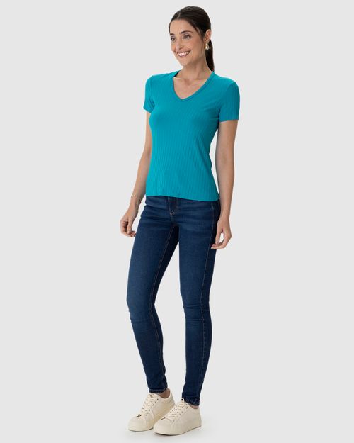 Blusa Básica Feminina Justa Decote V Em Malha Canelada De Viscose