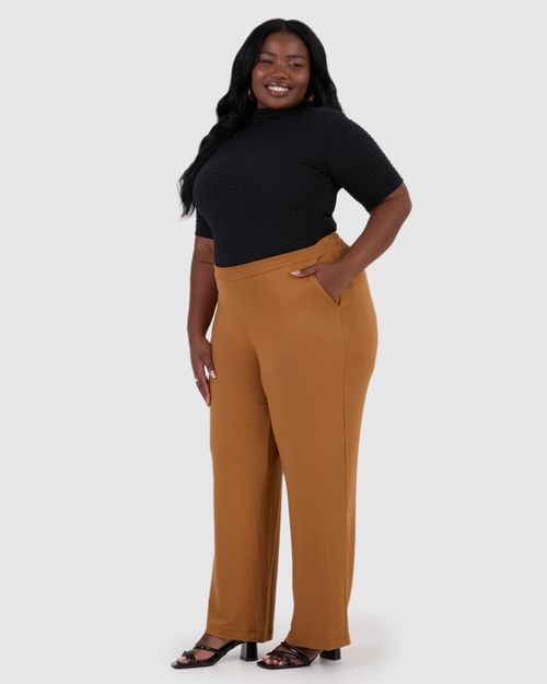 Calça Wide Leg Feminina Plus Size Bolso Faca Em Moletinho De Viscose