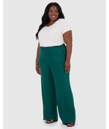 Calça Wide Leg Feminina Plus Size Bolso Faca Em Moletinho De Viscose