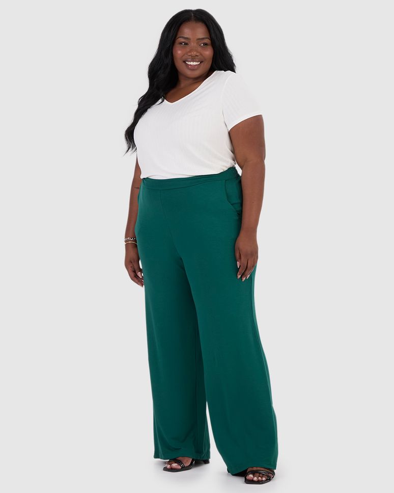 Calça Wide Leg Feminina Plus Size Bolso Faca Em Moletinho De Viscose