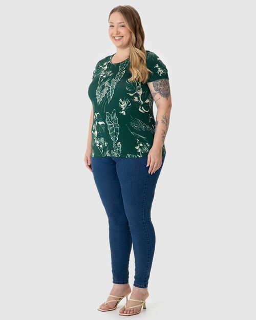 Blusa Feminina Plus Size Manga Curta Estampada Em Viscose Stretch