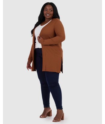 Cardigan Feminino Plus Size Amplo Em Malha Canelada De Viscose