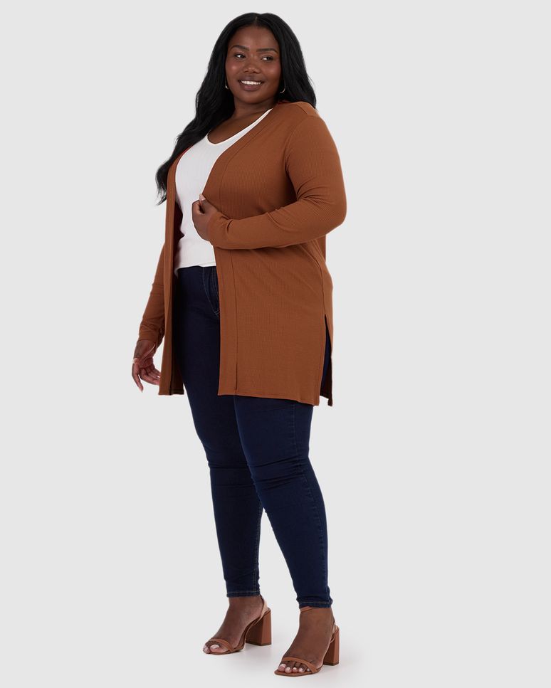 Cardigan Feminino Plus Size Amplo Em Malha Canelada De Viscose