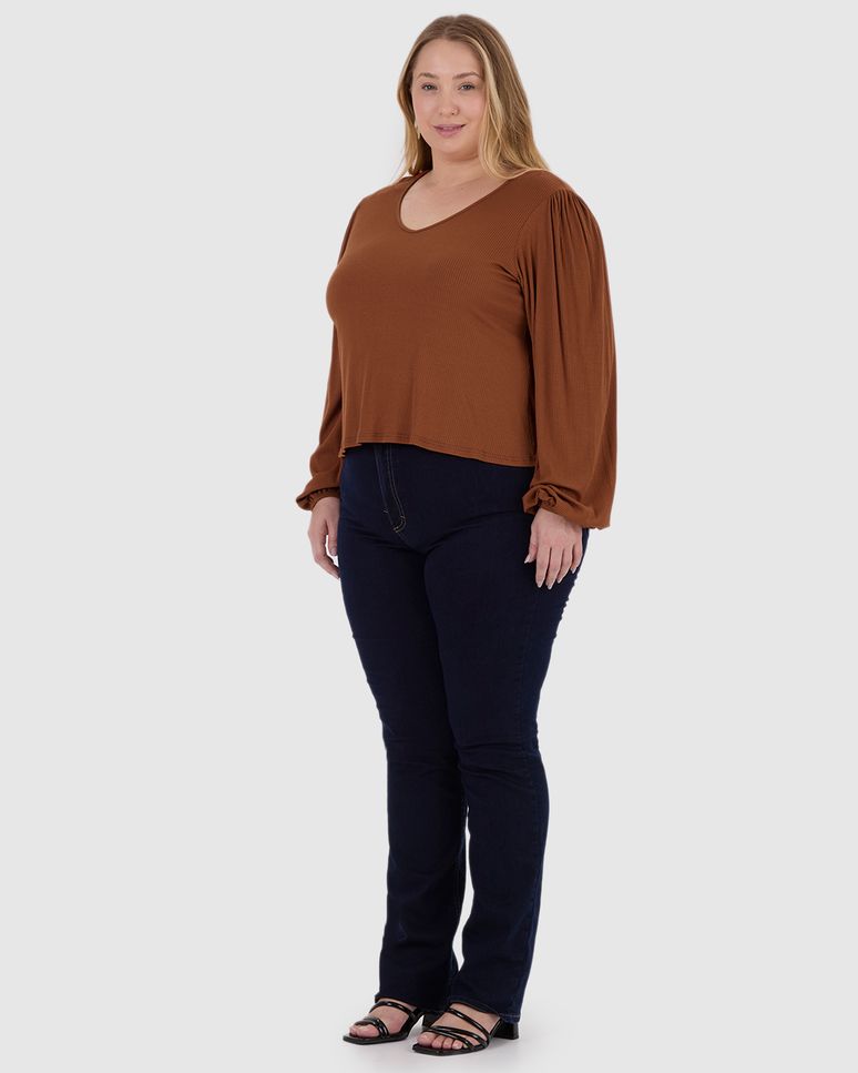 Blusa Feminina Plus Size Decote V Manga Longa Em Malha Viscose Canelada