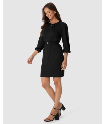 Vestido Amplo Feminino Manga Longa Com Cinto Em Viscose Stretch