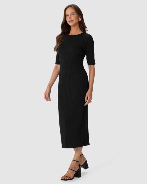 Vestido Midi Feminino Justo Decote Canoa Em Jacquard Texturizado