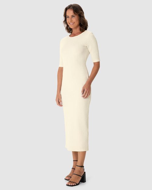 Vestido Midi Feminino Justo Decote Canoa Em Jacquard Texturizado