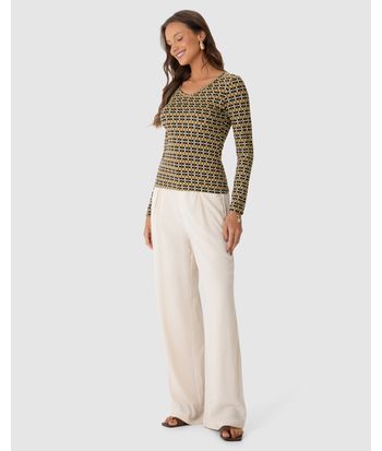 Blusa Justa Feminina Decote V Estampada Em Viscose Stretch
