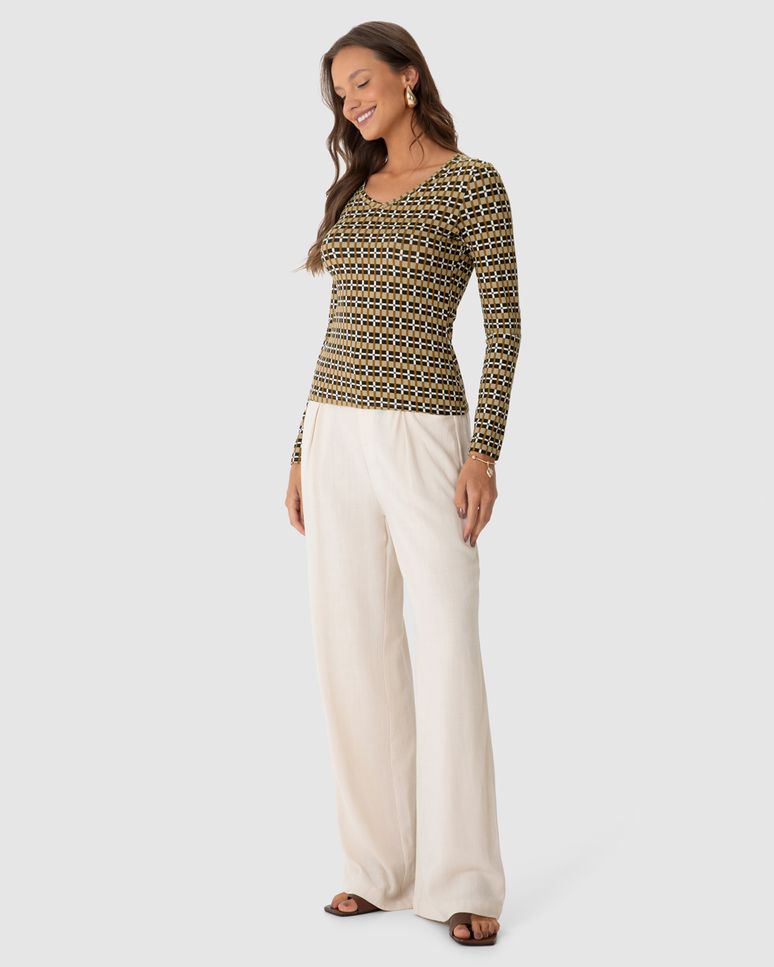 Blusa Justa Feminina Decote V Estampada Em Viscose Stretch