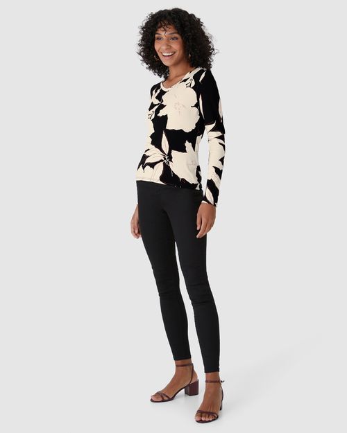 Blusa Justa Feminina Decote V Estampada Em Viscose Stretch
