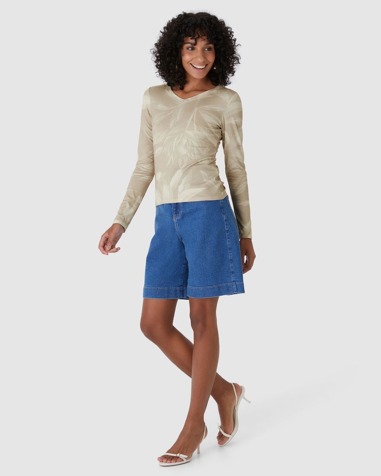 Blusa Justa Feminina Decote V Estampada Em Viscose Stretch