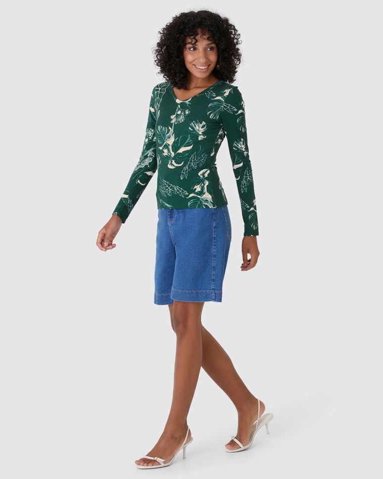 Blusa Justa Feminina Decote V Estampada Em Viscose Stretch