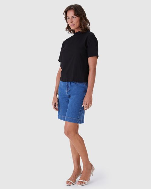 Blusa Básica Feminina Gola Alta Manga Curta Em Algodão