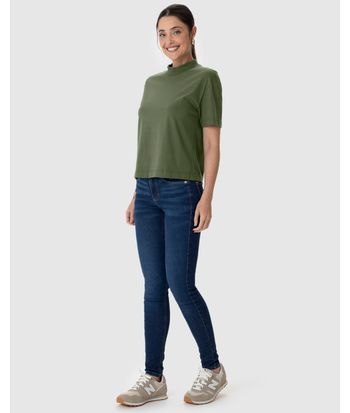 Blusa Básica Feminina Gola Alta Manga Curta Em Algodão