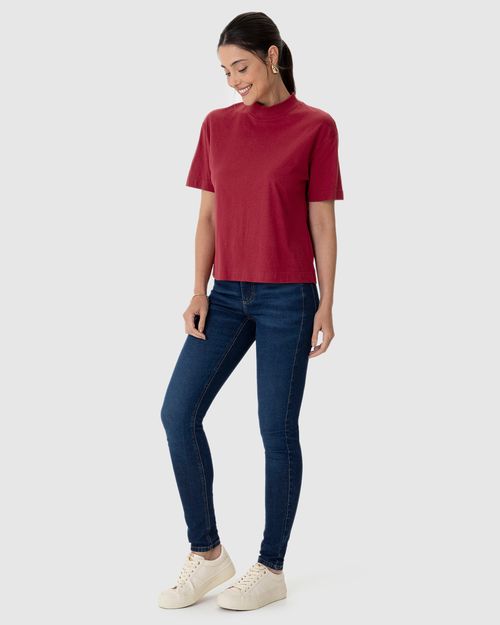 Blusa Básica Feminina Gola Alta Manga Curta Em Algodão