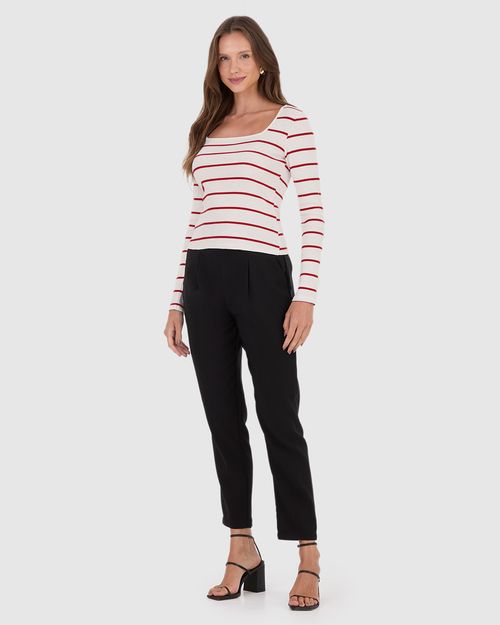 Blusa Feminina Justa Decote Quadrado Em Ribana Listrada