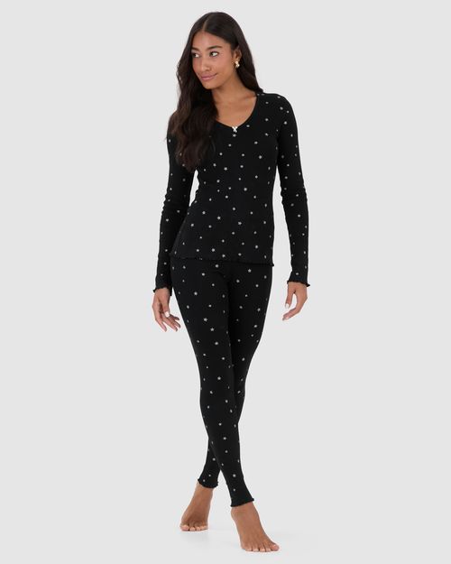 Pijama Feminino Blusa Decote V E Calça Estampada Em Ribana
