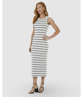 Vestido Midi Feminino Justo Em Ribana Listrada