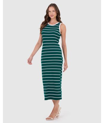 Vestido Midi Feminino Justo Em Ribana Listrada