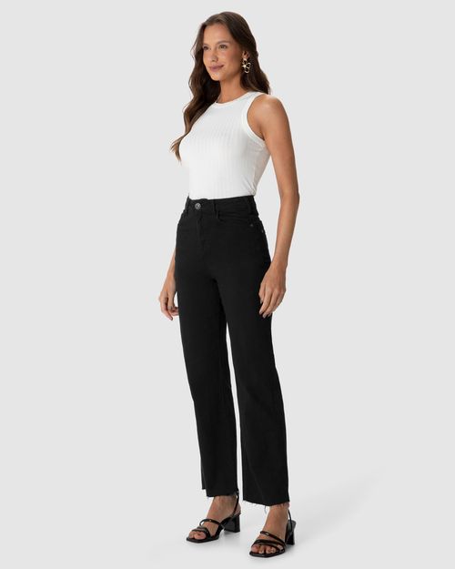 Calça Straight Cropped Feminina Cintura Alta Em Sarja Com Elastano