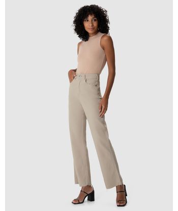 Calça Straight Cropped Feminina Cintura Alta Em Sarja Com Elastano
