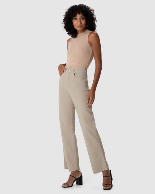 Calça Straight Cropped Feminina Cintura Alta Em Sarja Com Elastano