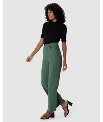 Calça Straight Cropped Feminina Cintura Alta Em Sarja Com Elastano