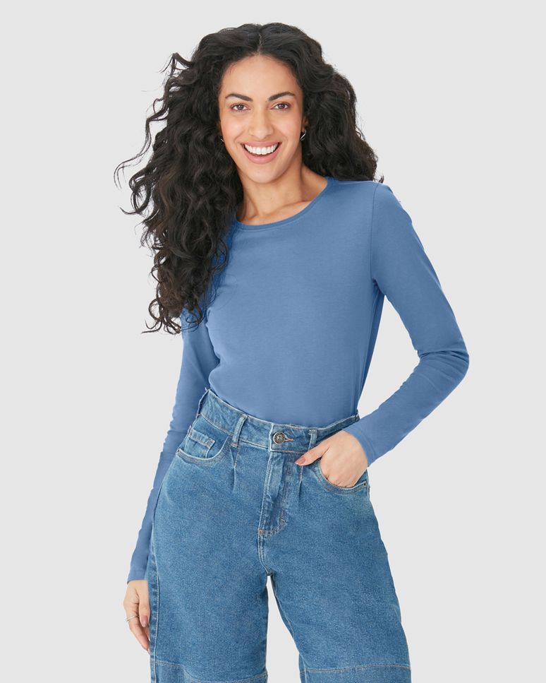 Blusa Básica Feminina Decote Redondo Manga Longa Em Algodão