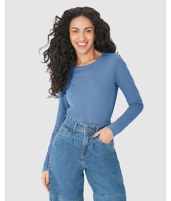 Blusa Básica Feminina Decote Redondo Manga Longa Em Algodão