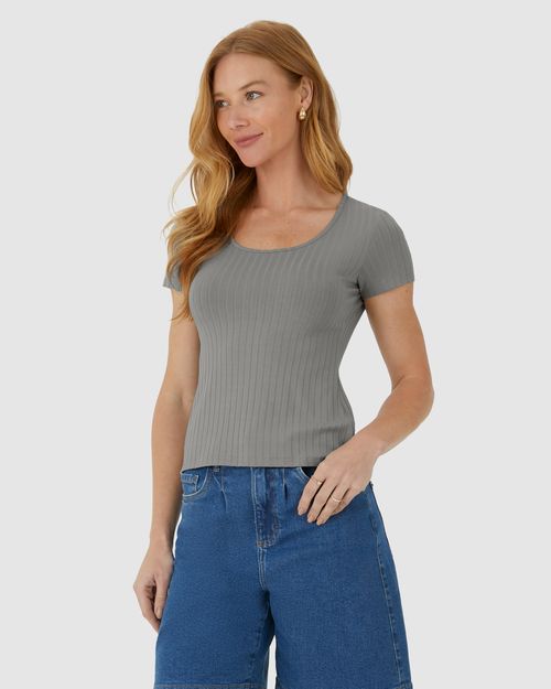 Blusa Básica Feminina Manga Curta Em Canelado De Viscose