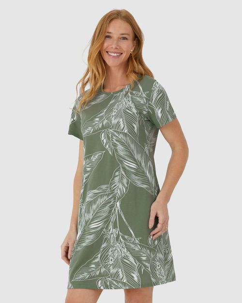 Vestido Feminino Estampado Com Decote Redondo Em Algodão