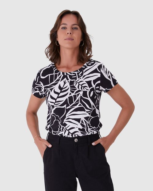 Blusa Feminina Decote Redondo Folhagem Em Algodão