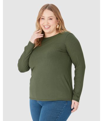 Blusa Básica Feminina Plus Size Manga Longa Em Canelado De Viscose