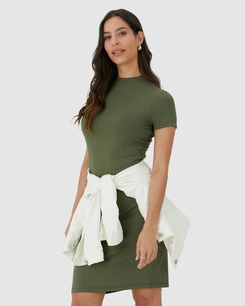 Vestido Básico Feminino Gola Alta Em Malha Canelada De Viscose