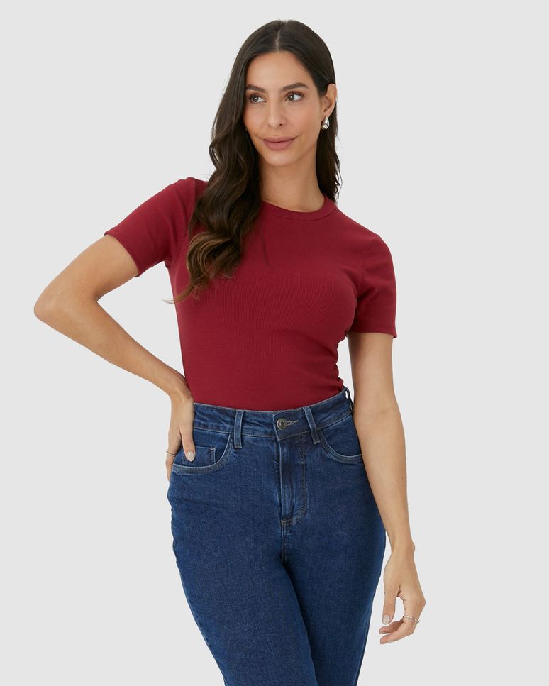 Blusa Básica Feminina Decote Redondo Em Ribana