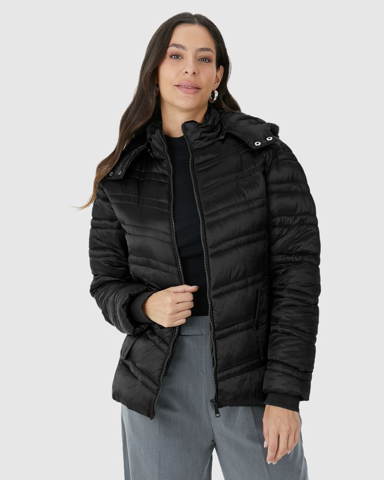 Jaqueta Puffer Feminina Capuz Removível Em Tafetá