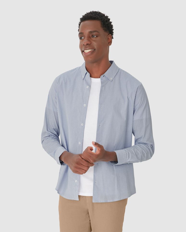 Camisa Masculina Regular Manga Longa Botões Frontais Em Tricoline