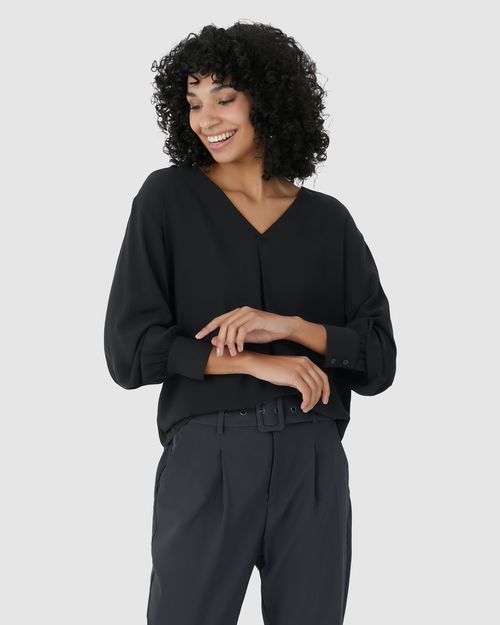 Camisa Ampla Feminina Decote V Abotoamento Frontal Em Viscose Sarjada