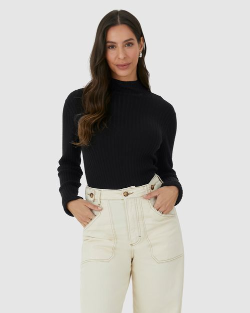 Blusa Básica Feminina Justa Gola Alta Em Tricô Canelado