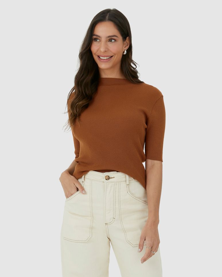 Blusa Básica Feminina Manga 3/4 Em Tricô