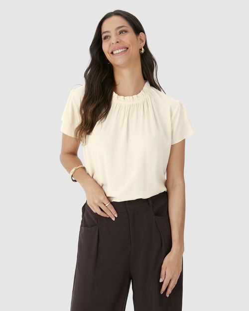 Blusa Feminina Evasê Gola Franzida Em Viscose Sarjada