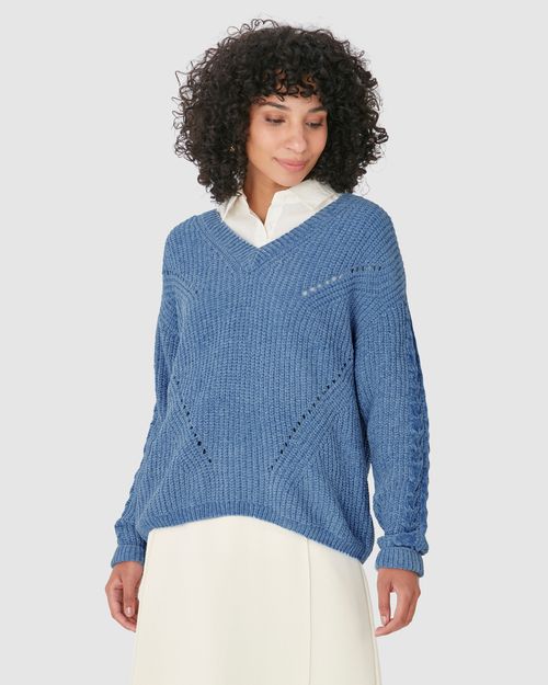 Suéter Feminino Gola V Detalhes Vazados Em Chenile