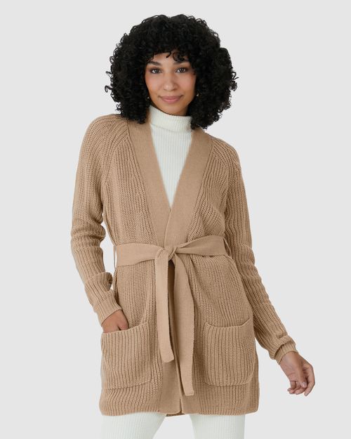 Cardigan Feminino Transpassado Com Cinto Em Tricô