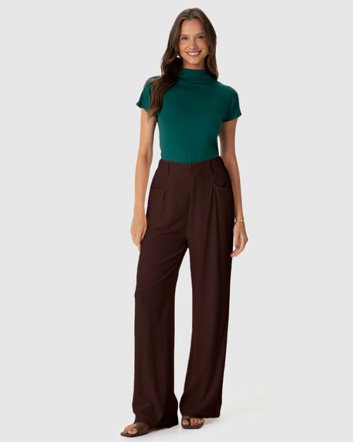 Calça Feminina Pantalona Bolso Frontal Em Viscolinho
